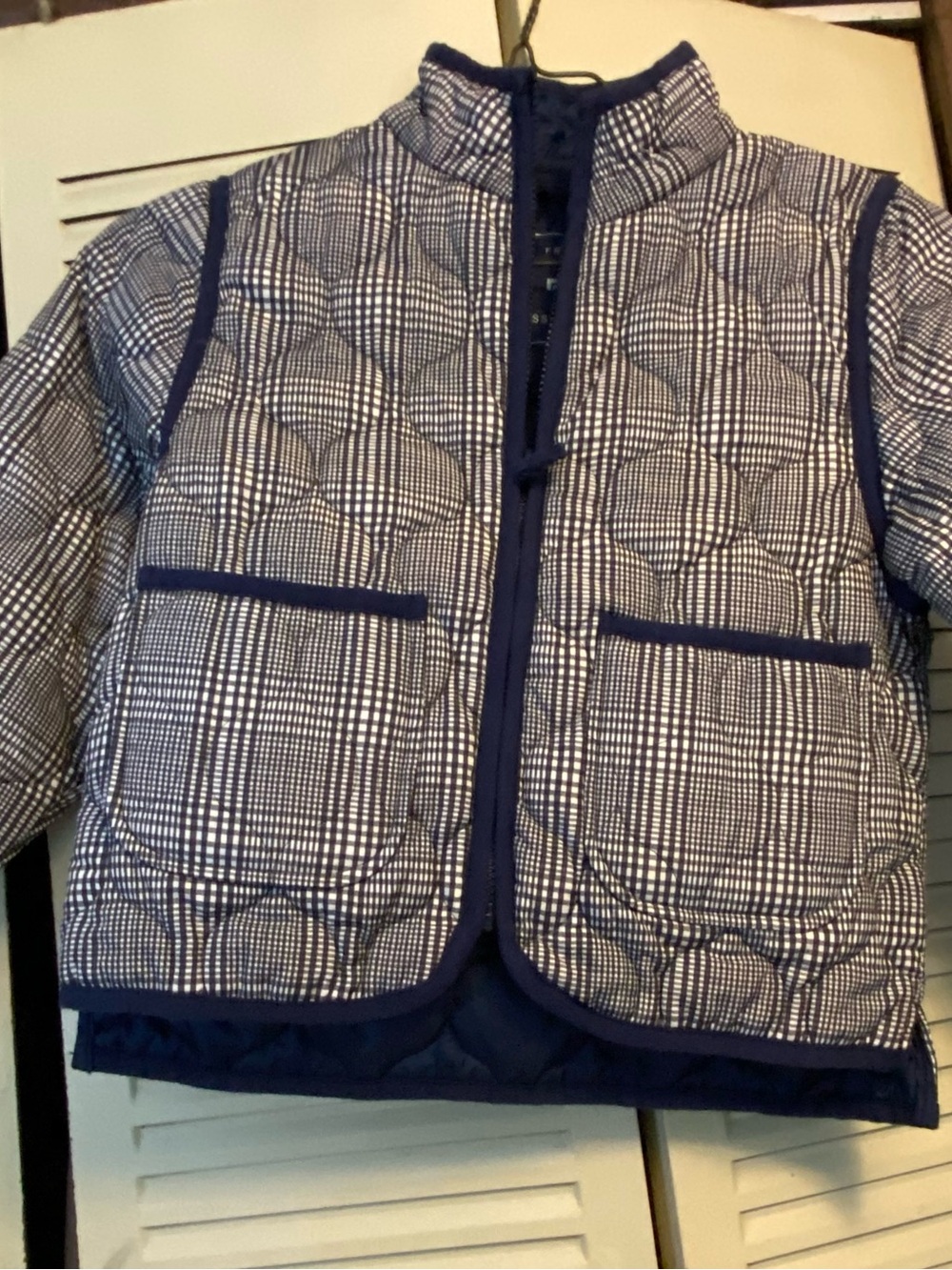 Girls Navy Plaid Quilted Puffer Jacket with Contrast Trim